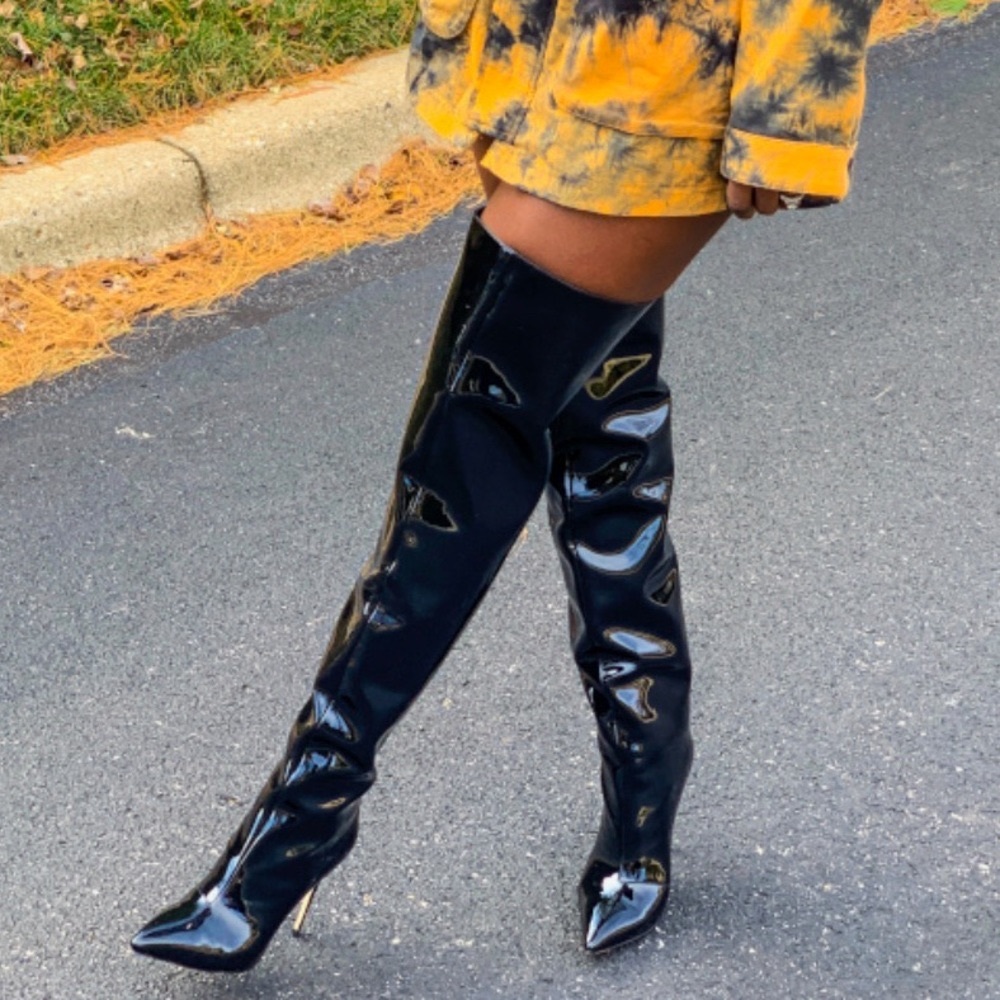 Black 'PANTHER' Mirror Thigh High Boots